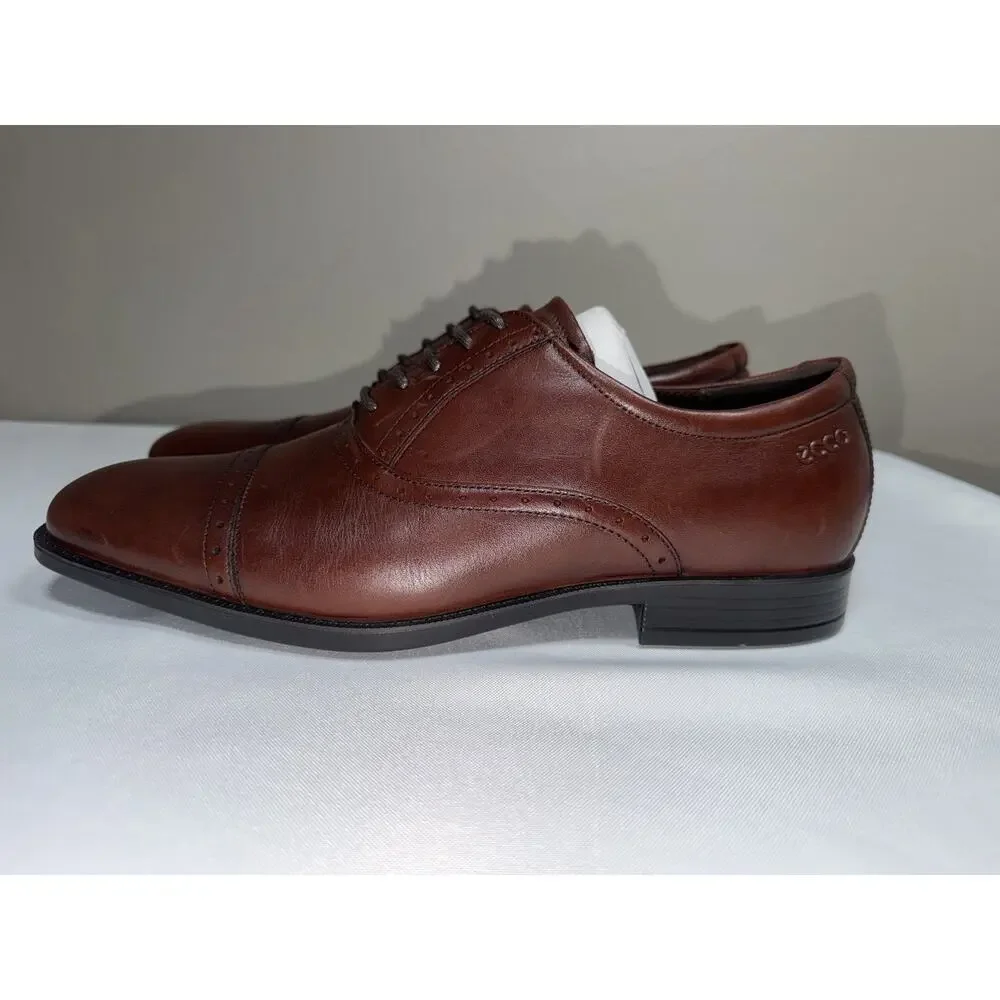 NWOT Ecco Men’s 8.5 Brown Leather Cap Toe Semi Brogue Oxford Lace Up Dress Shoes